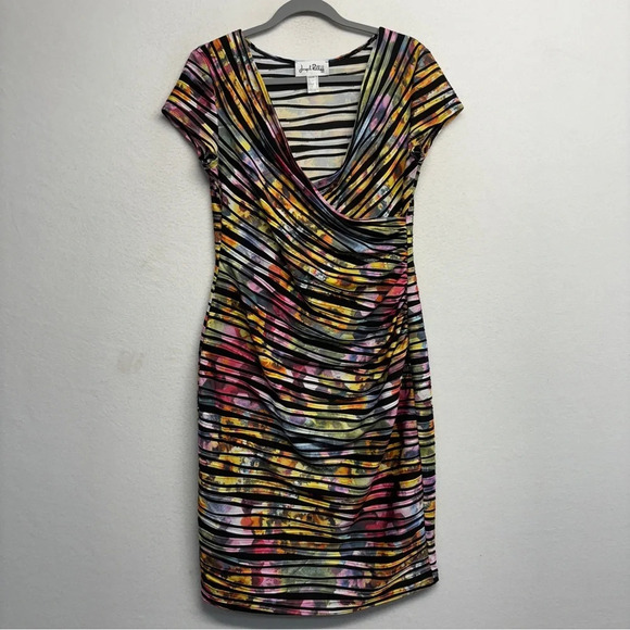 JOSEPH RIBKOFF 12 rainbow stripe wrap look stretch midi dress $259 - Picture 5 of 10